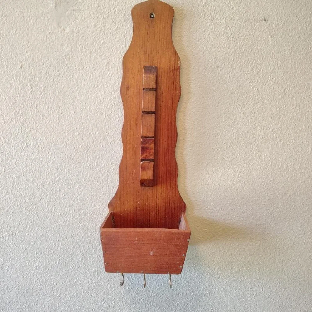 Vtg Wooden Mail Holder Sorter Letter Holder MCM Wall Mount W/ Brass Key Hooks